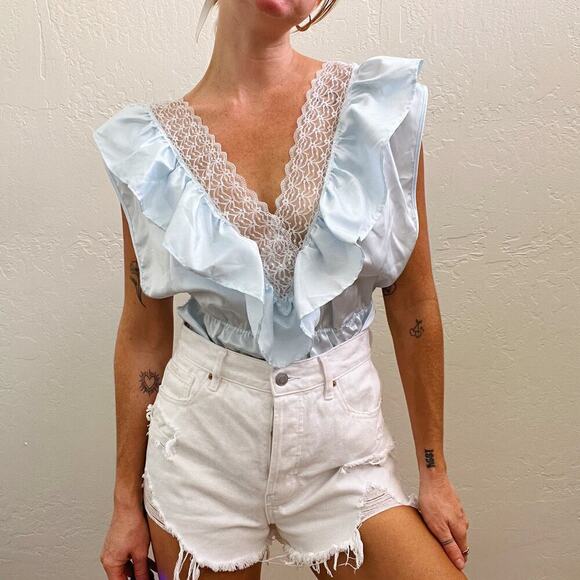 Vintage Baby Blue Lace Trim Ruffle Bodysuit - Picture 2 of 8